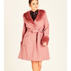 City chic blush pink coat with faux fur trim on collar and cuff